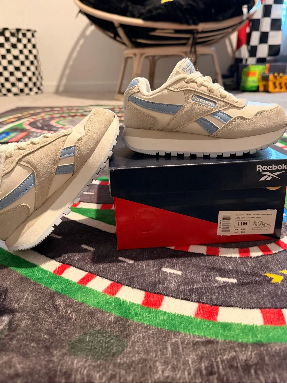 Reebok Kids Beige with Light Blue Retro Runner Sneakers